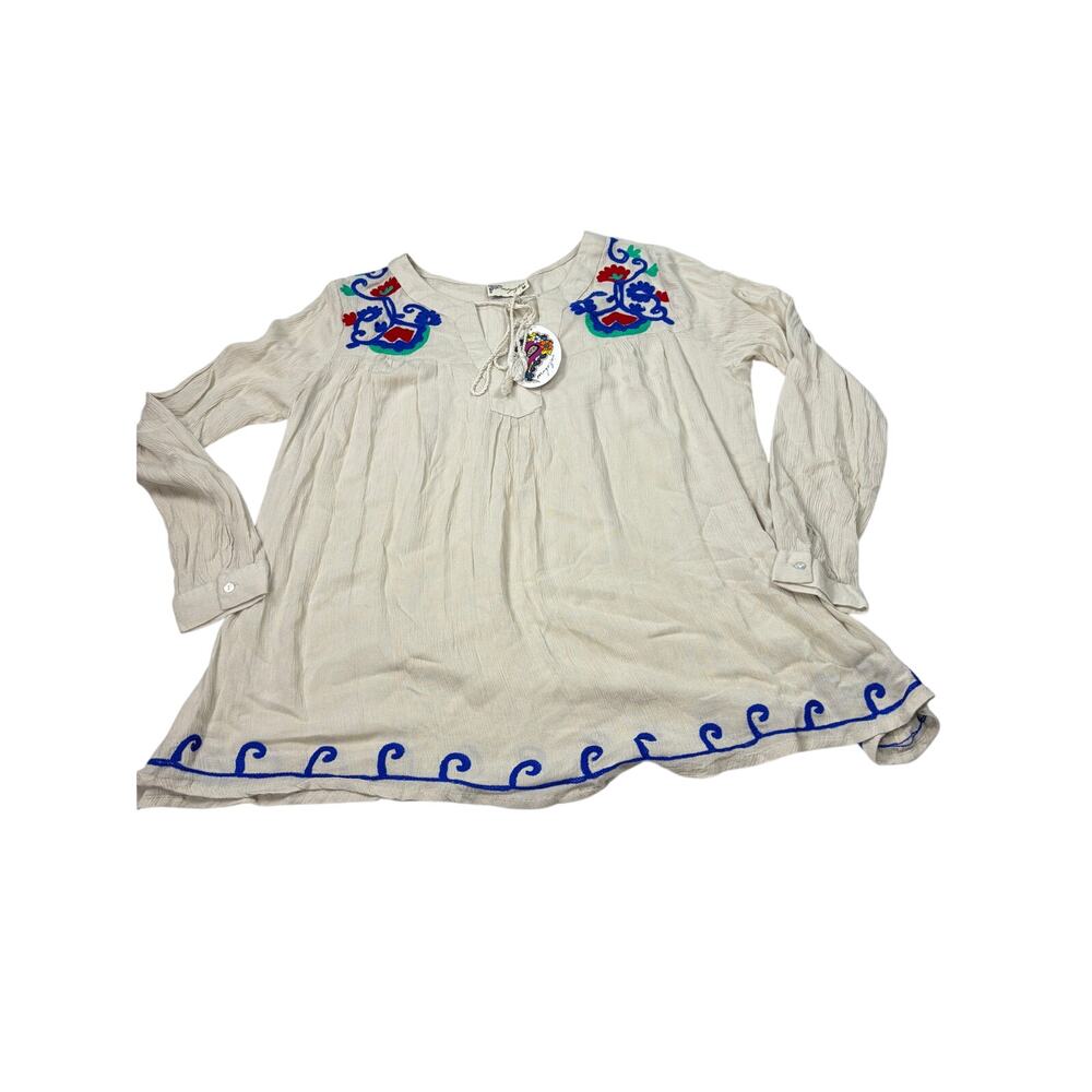NWT magazine womens beige long sleeve embroidered top. Size M. boho, gauzy